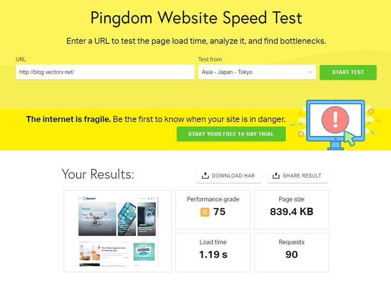 Kiểm tra tốc độ website tại pingdom